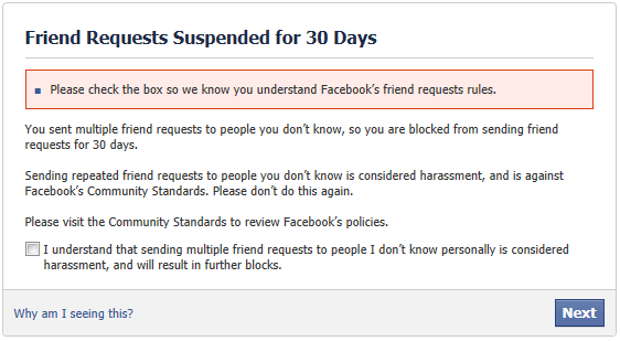 Facebook penalty for sending out friend requests that they suggest I friend