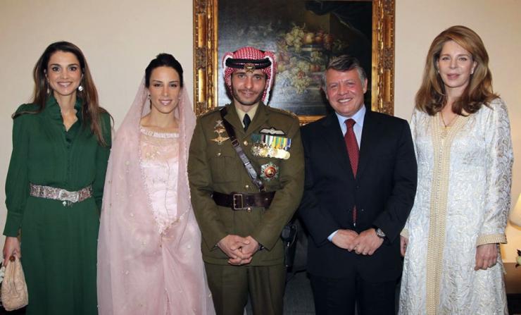 From right to left: The former Lisa Hallaby, King Abdullah, Prince Hamzah and his wife, Queen Rania